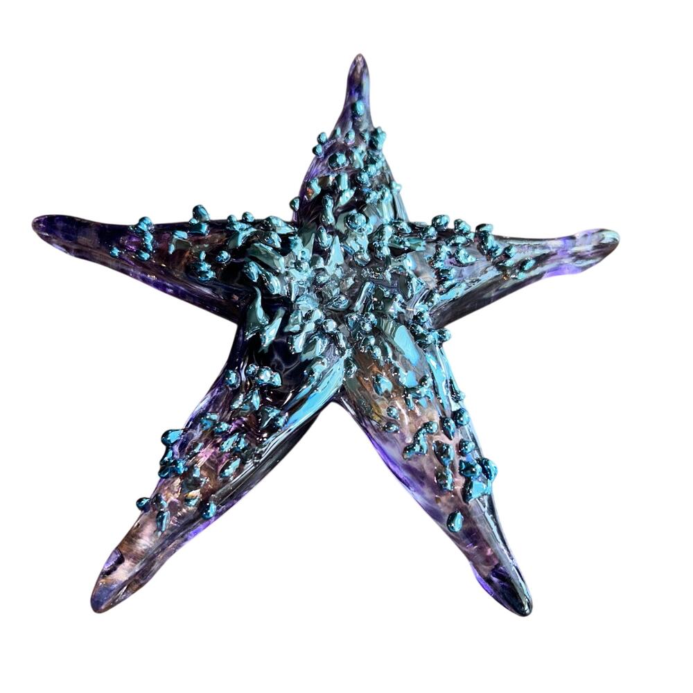 Iridescent art glass starfish paperweight by artist John Barber